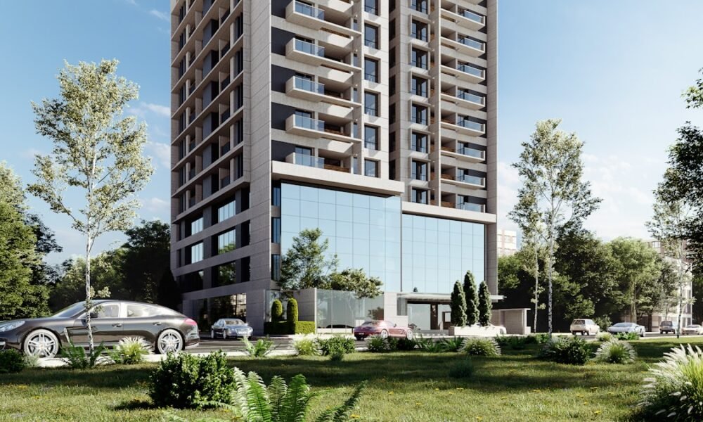Modern high-rise residential apartment building with balconies