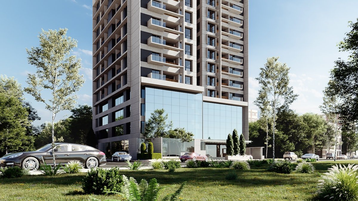 Modern high-rise residential apartment building with balconies