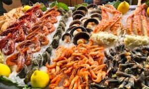 Table spread with a variety of freshly cooked seafood