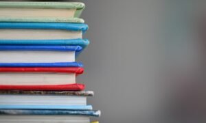 Books on a school library shelf, representing a British curriculum classroom in Ajman